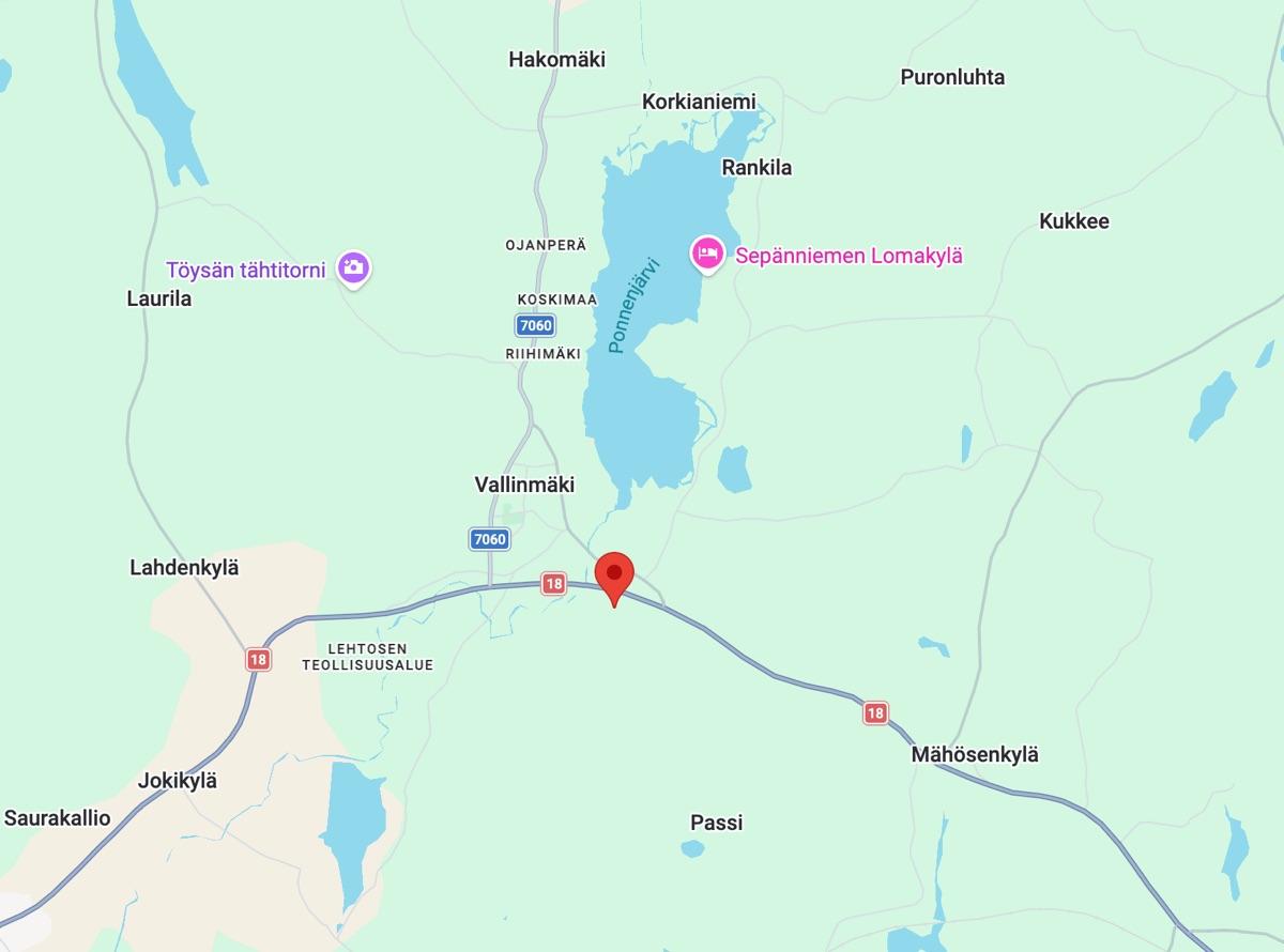 Kartta: puhdistuslaitoksen sijainti valtatie 18:n varrella Alavuden Töysässä, Ponnenjärven eteläpuolella
